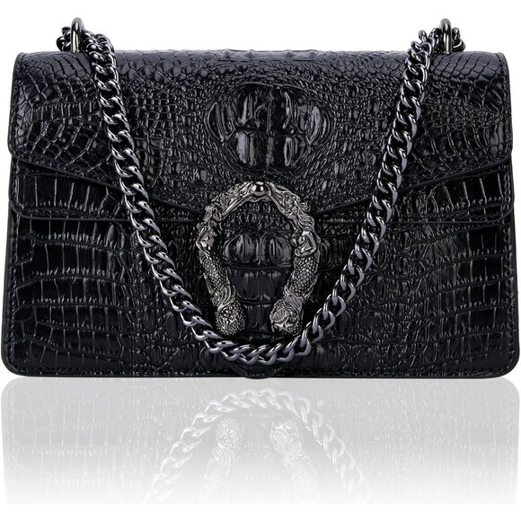 ⚡ Women's Crocodile Black Snake Leather Print Casual Satchel Crossbody Handbag - Picture 3 of 7